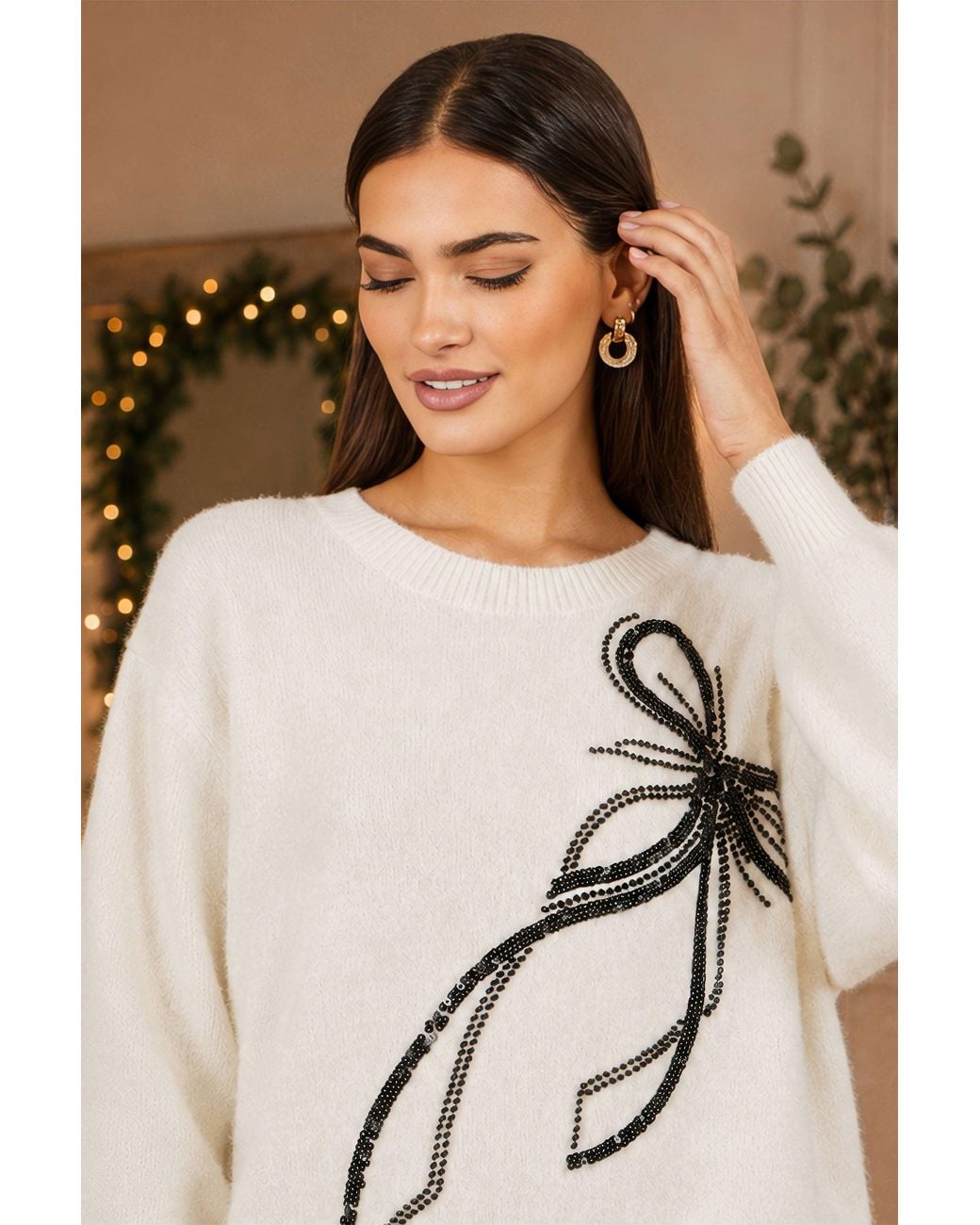 Yumi' Natural Sequin Bow Relaxed Jumper