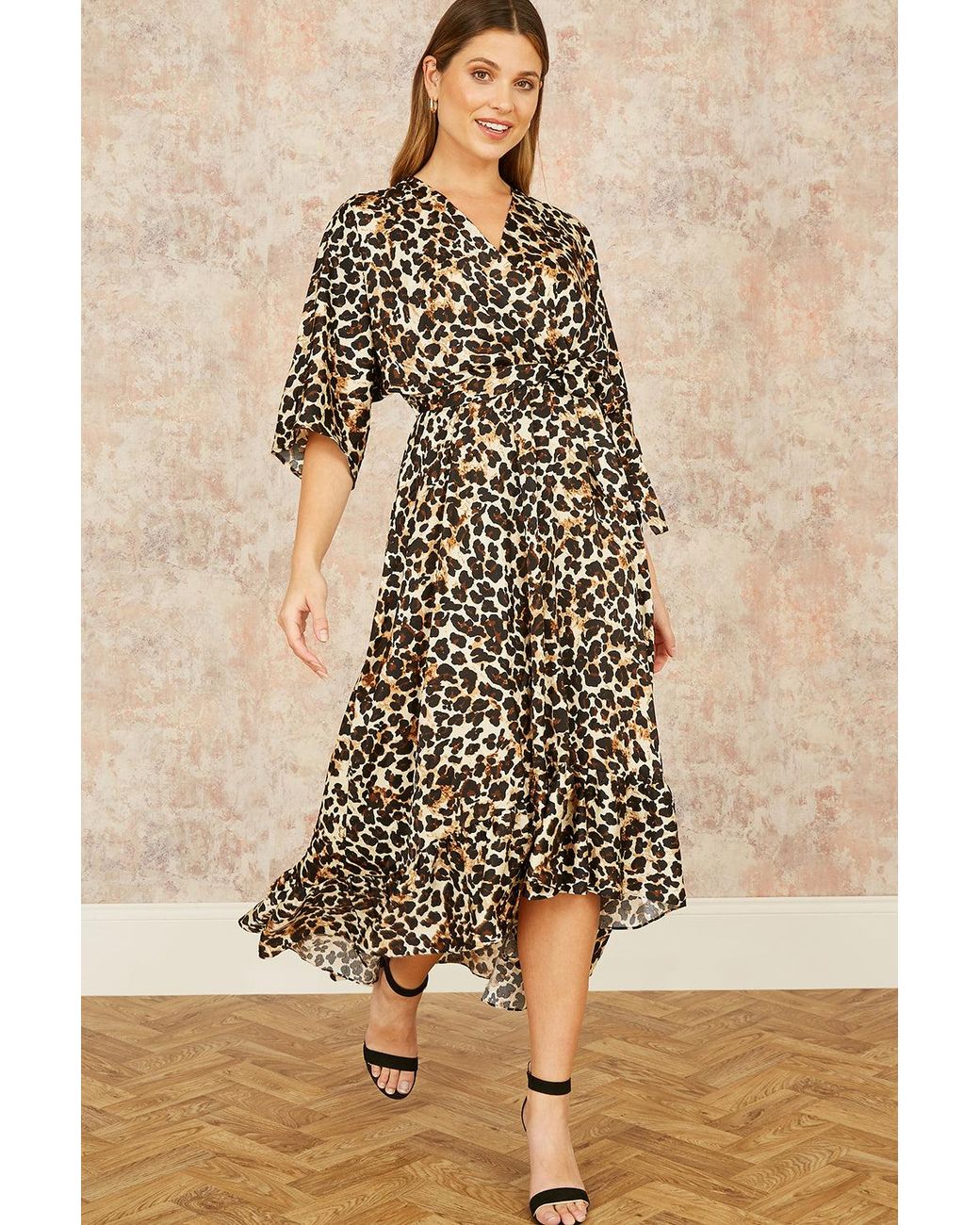 Yumi' Natural Leopard Midi Wrap Dress With Kimono Sleeves