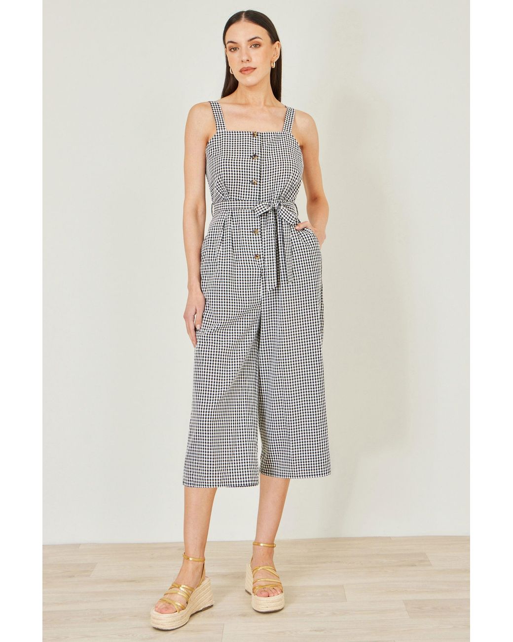 Yumi' Gray Gingham Button Through Jumpsuit