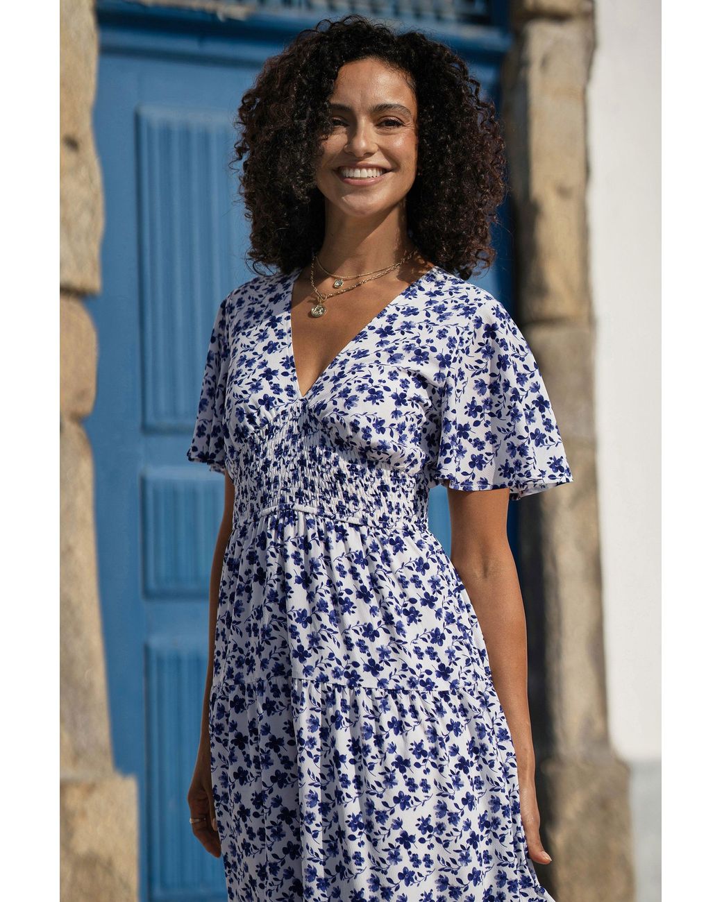 Yumi' Blue Floral Ruched Waist Midi Dress With Angel Sleeves