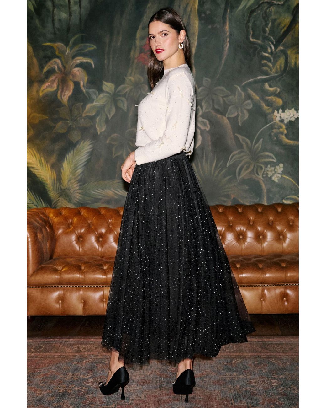 Yumi' Black Diamonte Tulle Midi Skirt