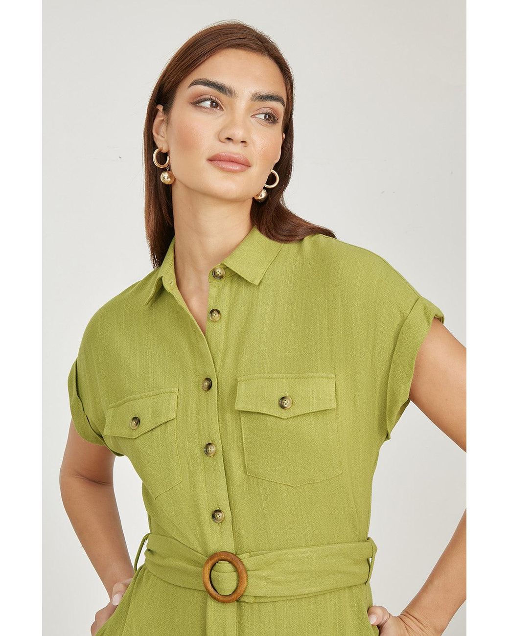 Yumi' Green Viscose Linen Look Midi Shirt Dress With Wooden Belt
