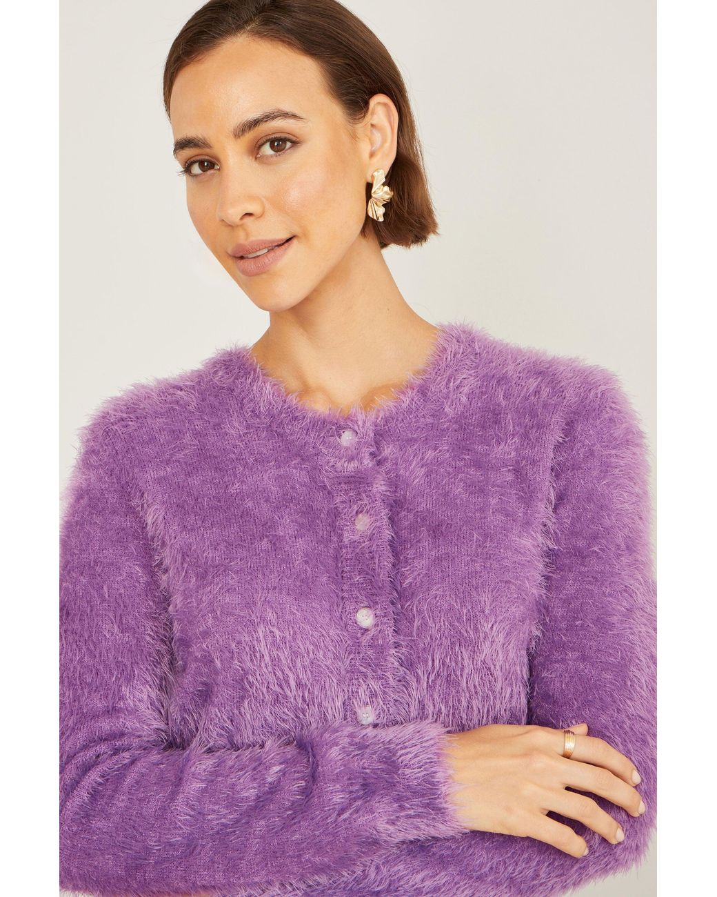 Yumi' Purple Eyelash Knit Cropped Cardigan