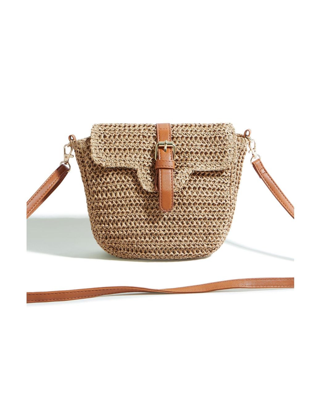 Yumi' Brown Woven Rattan Handbag With Buckle