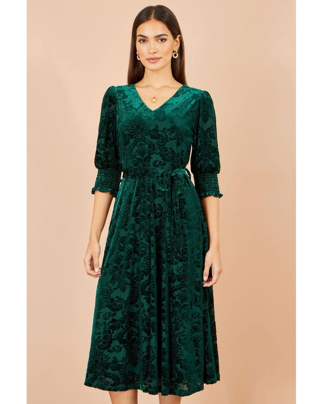 Yumi' Green Velvet Floral Midi Dress