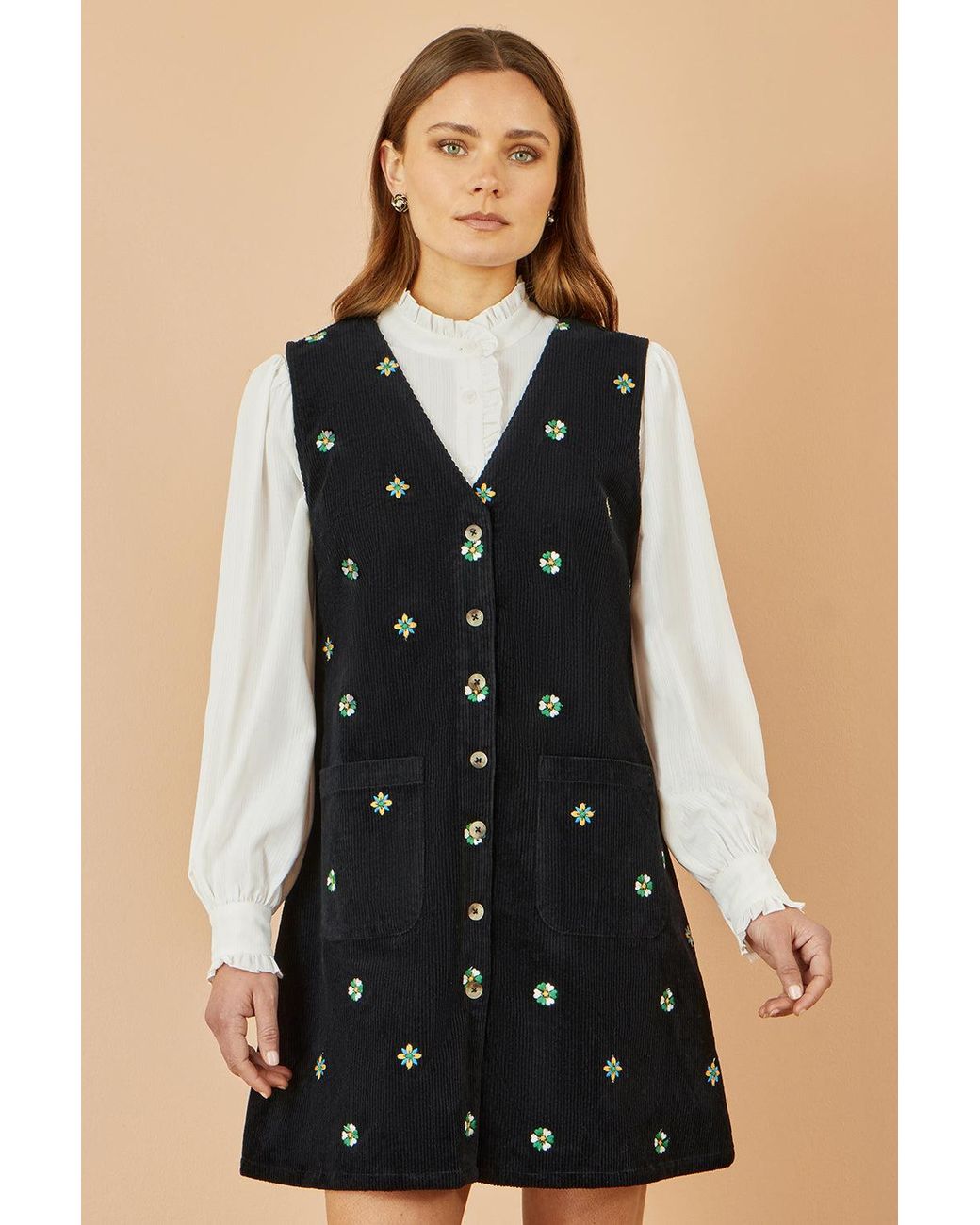 Yumi' Black Flower Embroidered Button Up Pinafore Dress