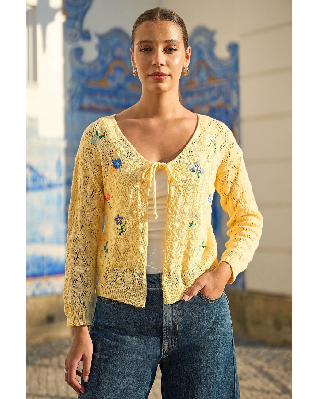 Yumi' Yellow Embroidered Pointelle Cardigan