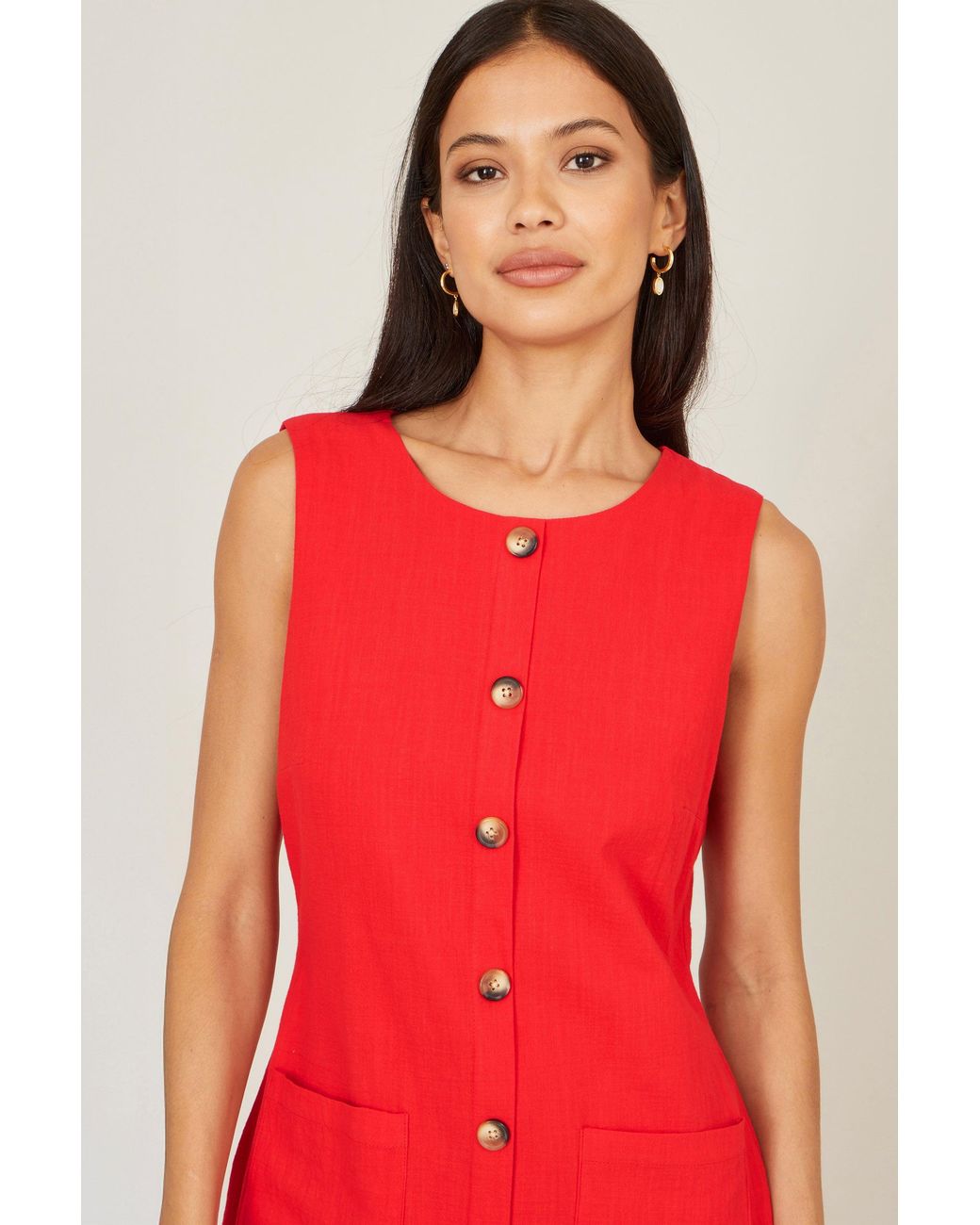Yumi' Red Viscose Button Detail Shift Dress