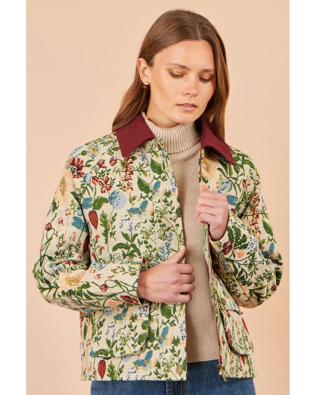 Yumi' Green Botanical Woven Bomber Jacket