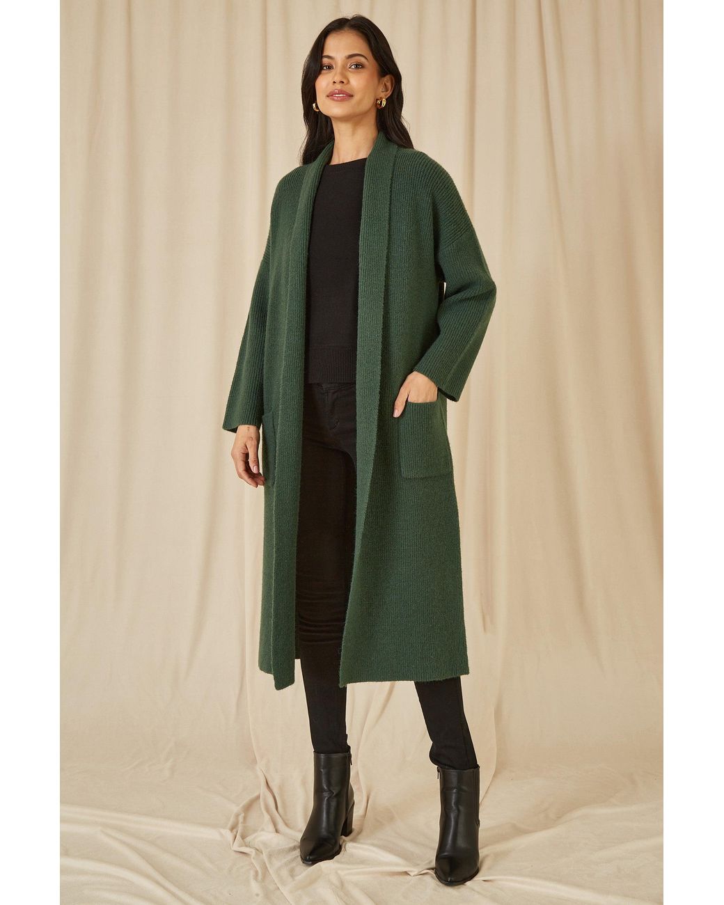 Yumi' Green Knitted Maxi Cardigan With Pockets