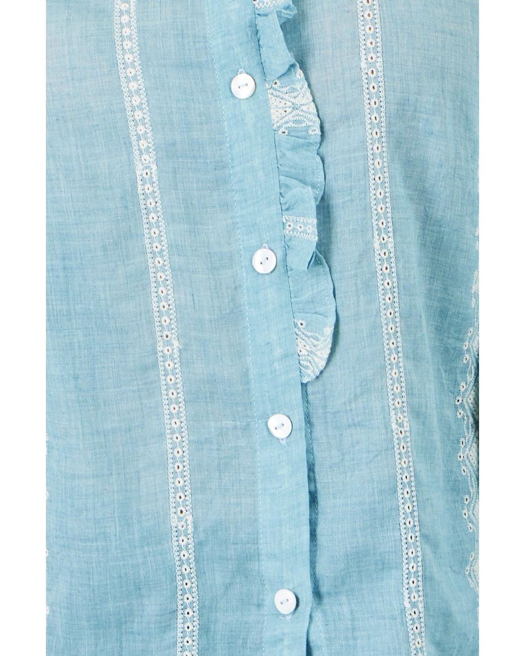Yumi' Blue Cotton Embroidered Panel Shirt