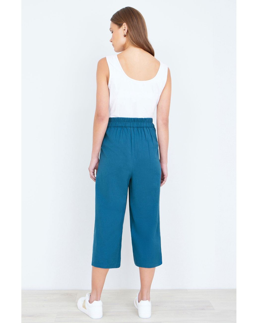Yumi' Blue Linen Mix Cropped Trousers With Tie Belt