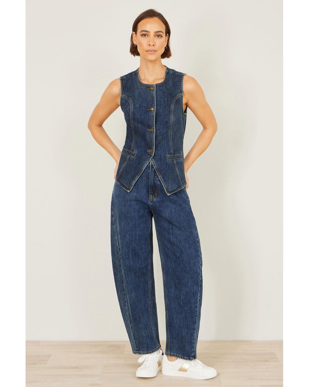 Yumi' Blue Stretch Long Denim Waistcoat