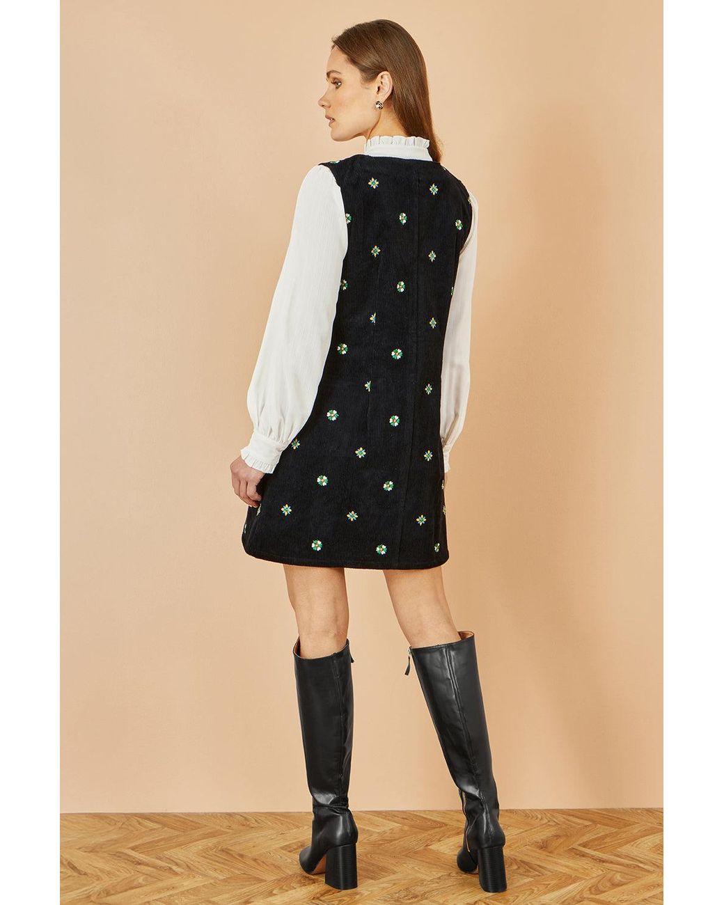 Yumi' Black Flower Embroidered Button Up Pinafore Dress