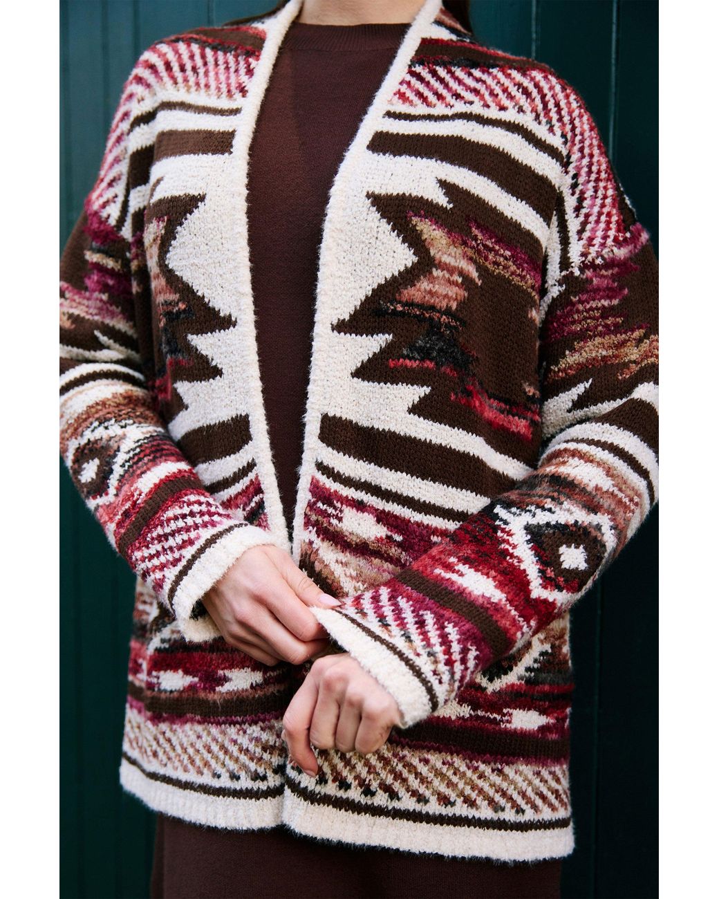 Yumi' Black Multicolour Aztec Boucle Open Cardigan