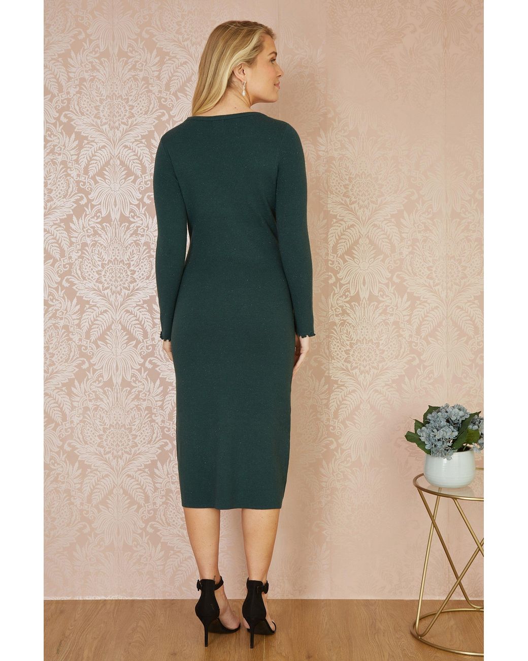 Yumi' Green Sparkle Knit Midi Jumper Dress