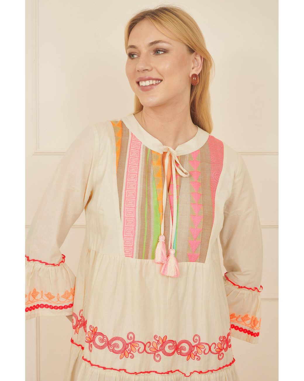 Yumi' Natural Embroidered Cotton Tunic