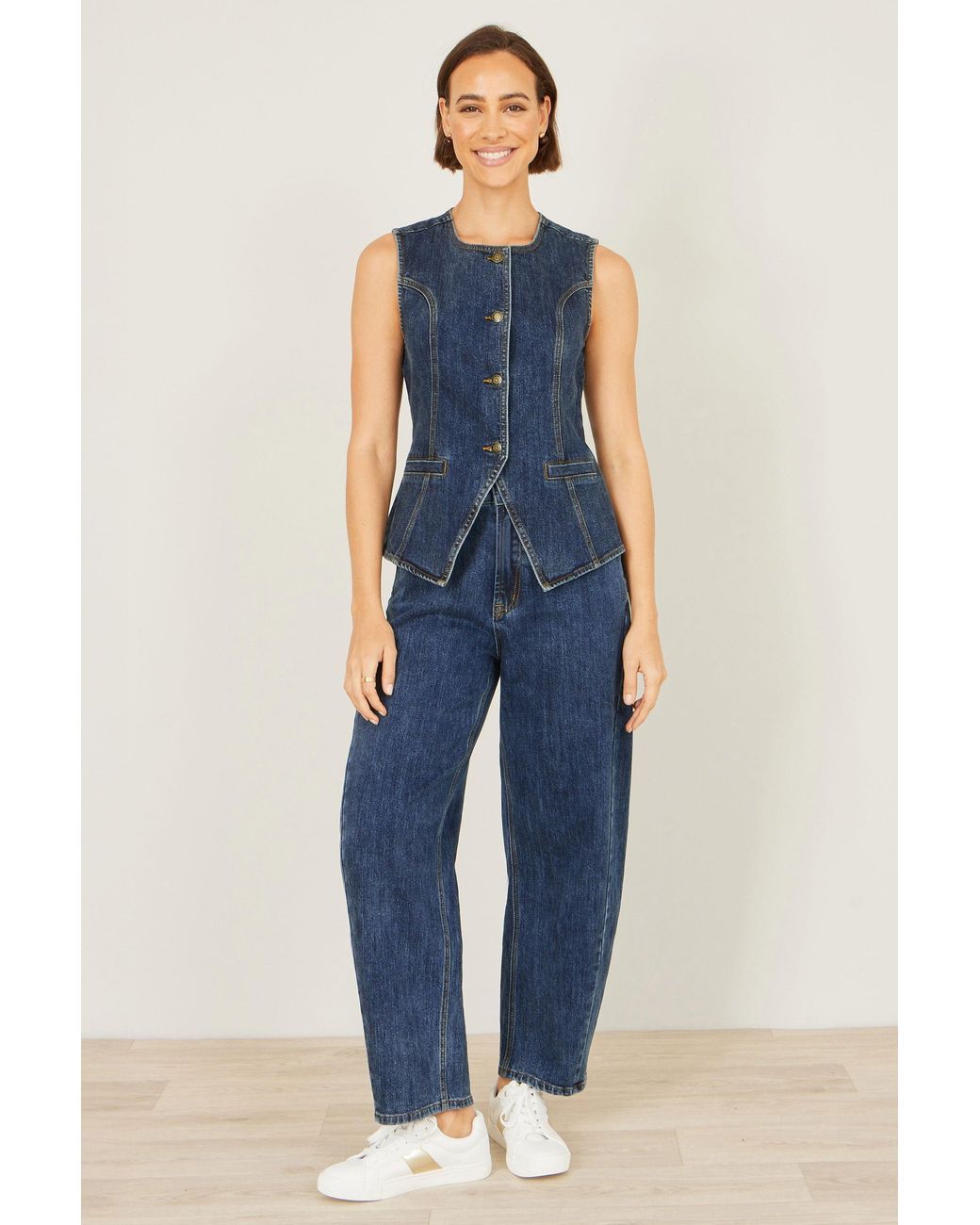 Yumi' Blue Stretch Long Denim Waistcoat