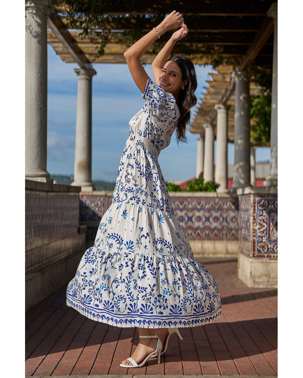 Yumi' Blue Border Print Maxi Dress