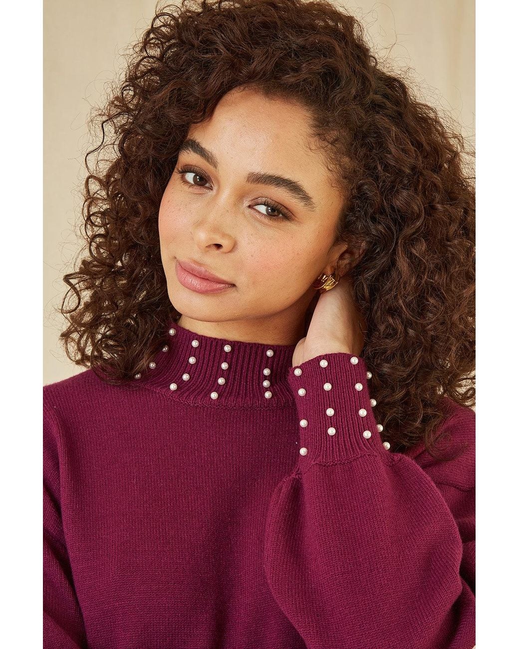 Yumi' Purple Plum Pearl Detail Knitted Relaxed Jumper Dress