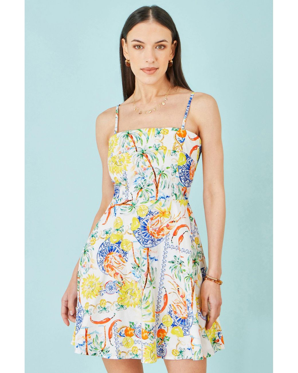 Yumi' Multicolor Mediterranean Print Cotton Mini Sun Dress