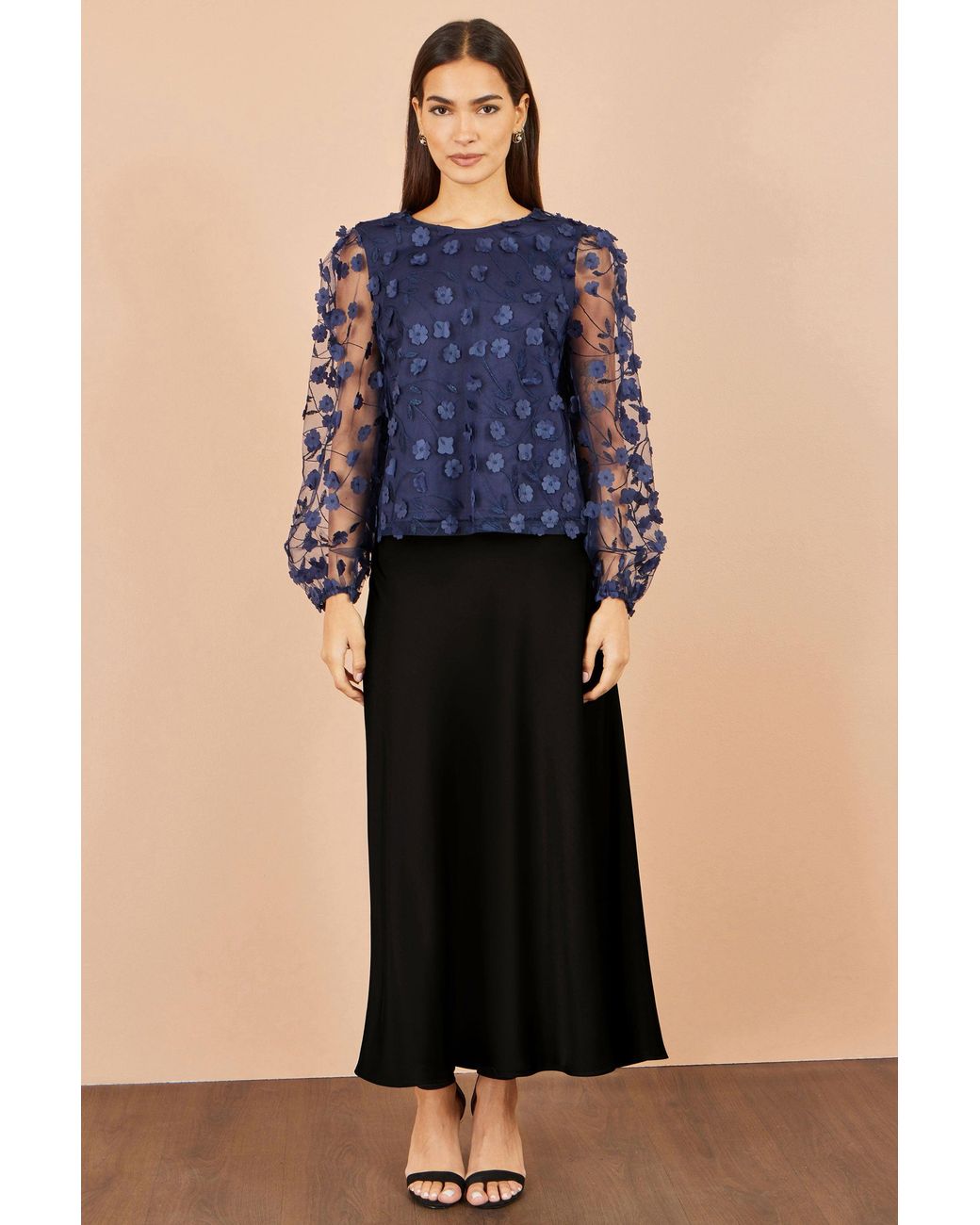Yumi' Blue Sheer Sleeve Applique Flower Top