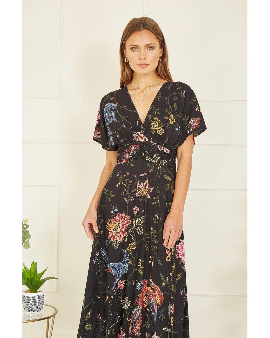 Yumi' Black Viscose Bird And Floral Print Kimono Midi Dress