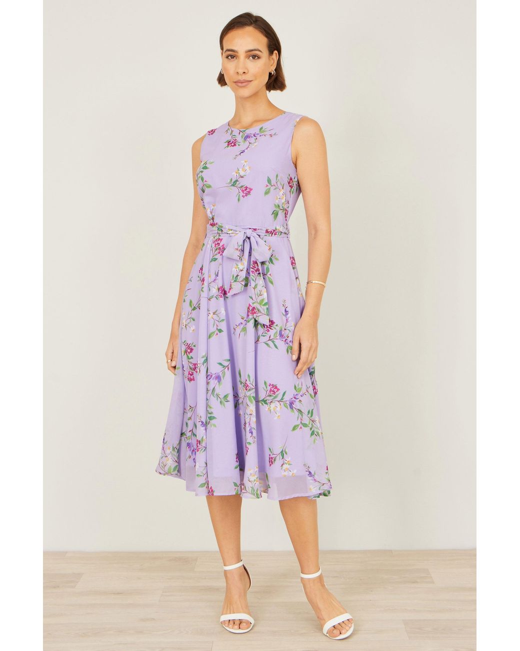 Yumi' Purple Floral Print Midi Skater Dress
