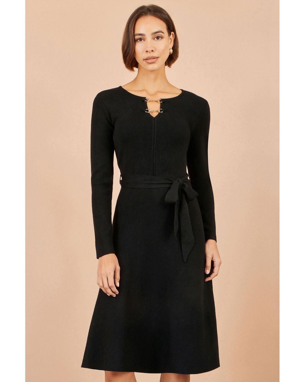 Yumi' Black Knitted Skater Dress With Buckle Detail