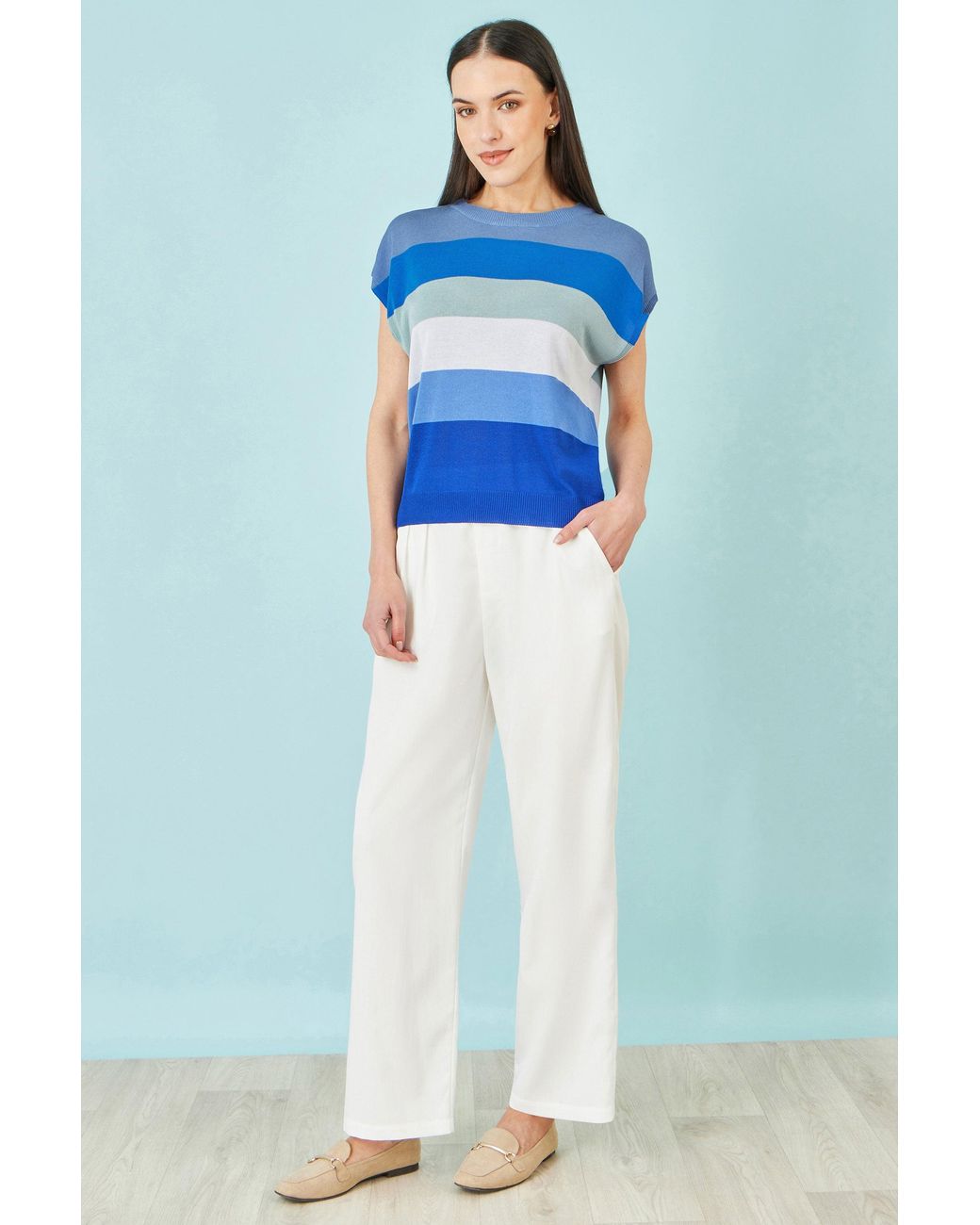 Yumi' Blue Block Stripe Relaxed Knitted Top