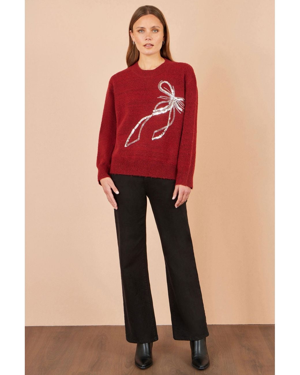 Yumi' Red Sequin Bow Relaxed Jumper