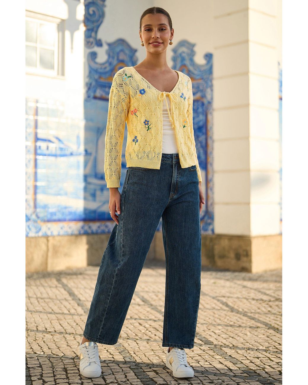 Yumi' Yellow Embroidered Pointelle Cardigan