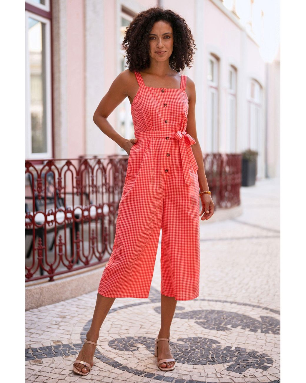 Yumi' Red Gingham Button Through Jumpsuit