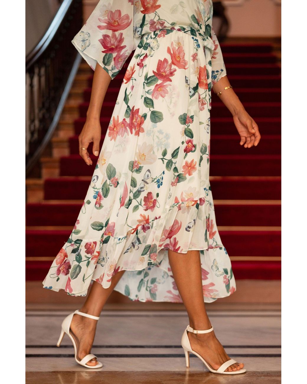 Yumi' Red Floral Print Wrap Midi Dress With Dipped Hem