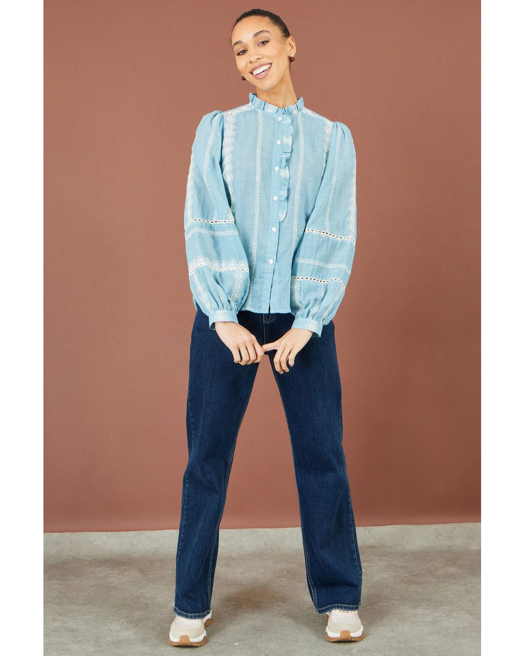 Yumi' Blue Cotton Embroidered Panel Shirt
