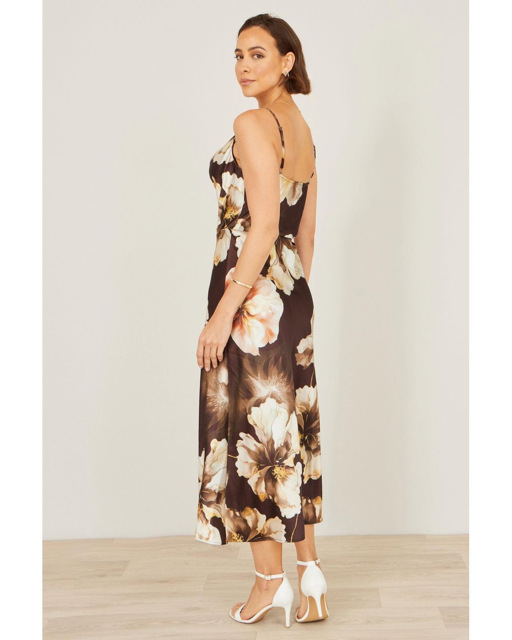 Yumi' Natural Cowl Neck Satin Floral Dress