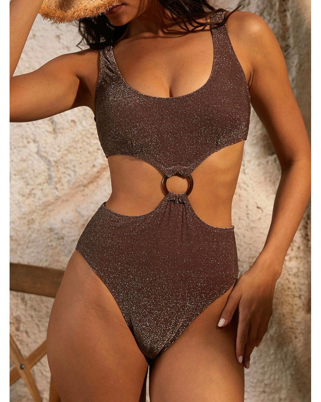 Zaful O-ring Cut Out Metallic Sparkly Glitter Monokini One-piece Swimsuit  in Brown | Lyst UK