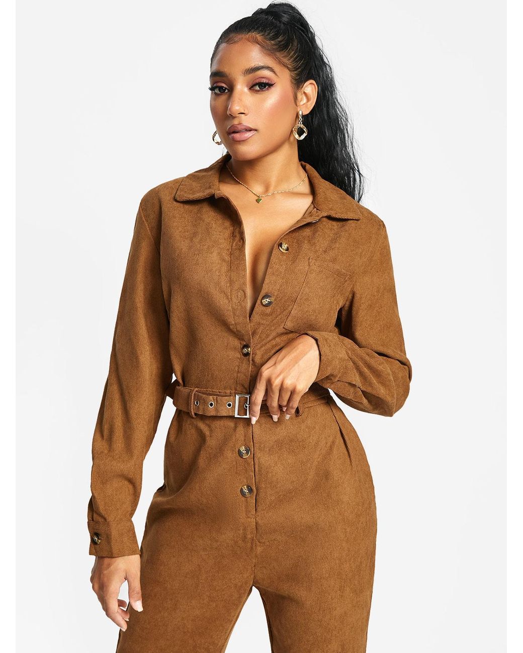 Zaful Corduroy Buckle-belted Shirt-style Jumpsuit in Natural | Lyst