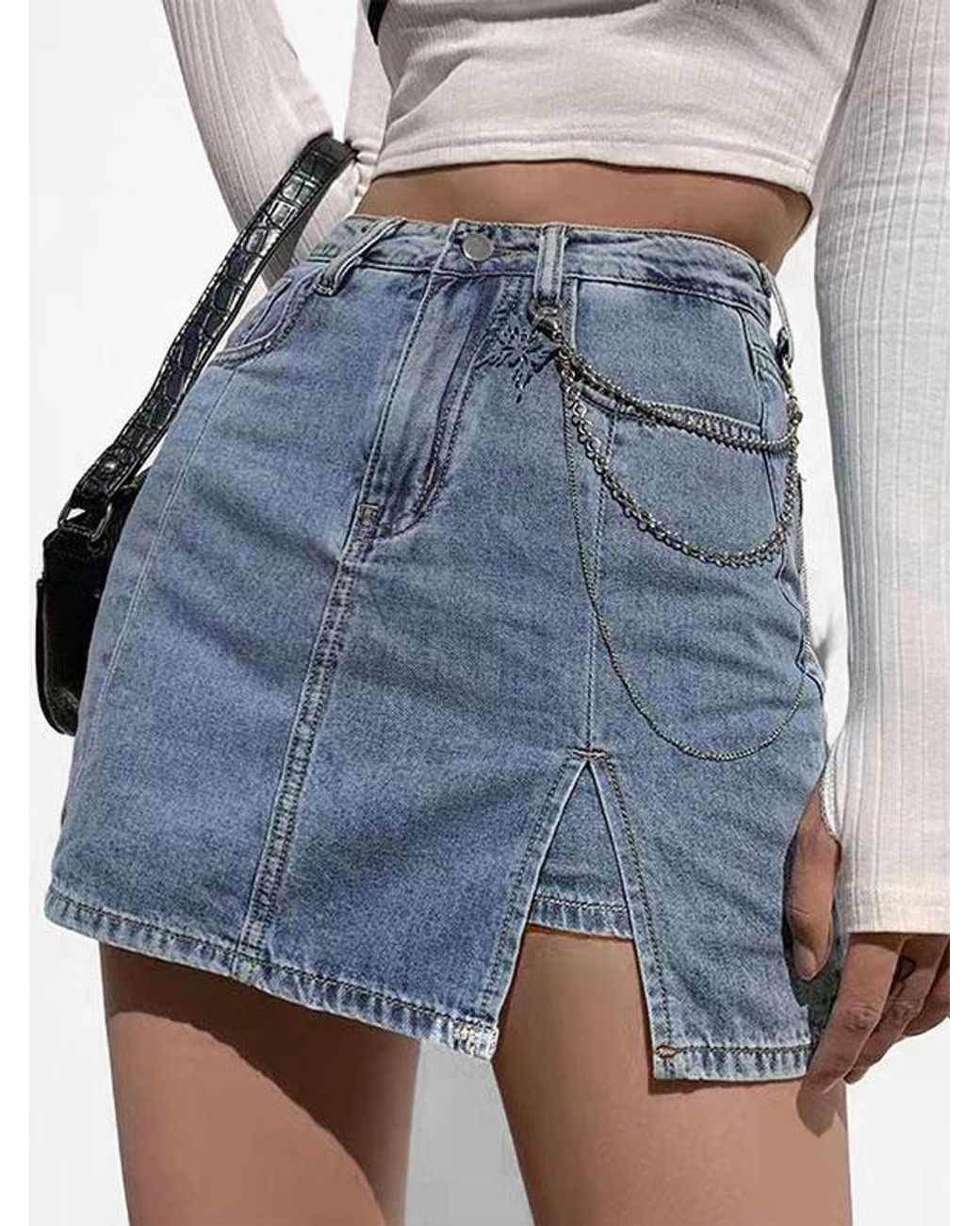 Zaful Slit Mini Jean Skirt With Safety Shorts (no Chain) in Blue | Lyst