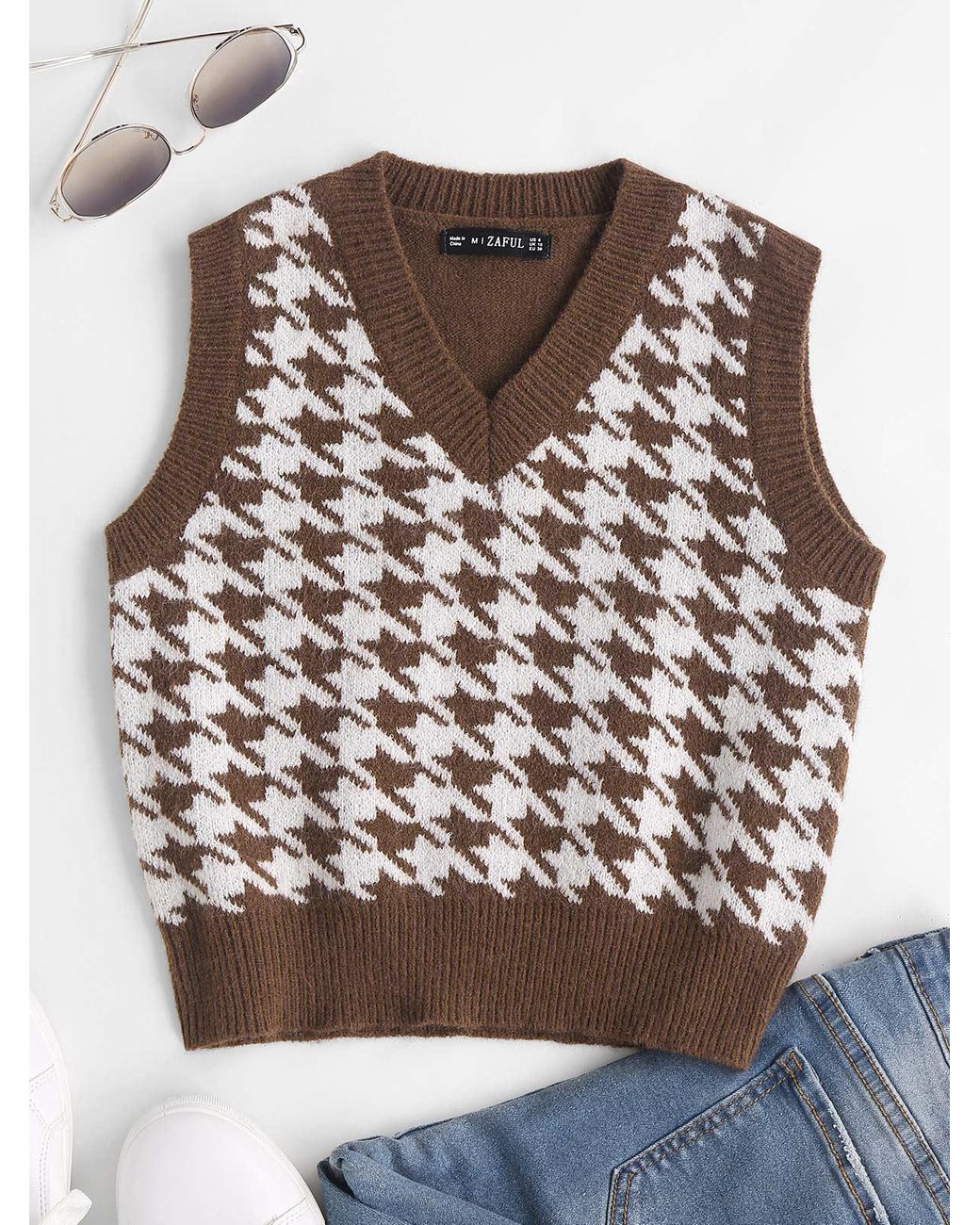 Zaful Houndstooth Crop Slim Sweater 
