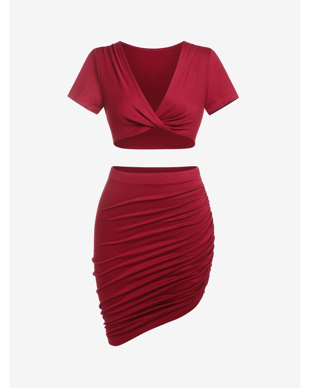 Zaful Co-ords Twisted Ruched Mini Bodycon Skirt Set in Deep Red (Red) | Lyst