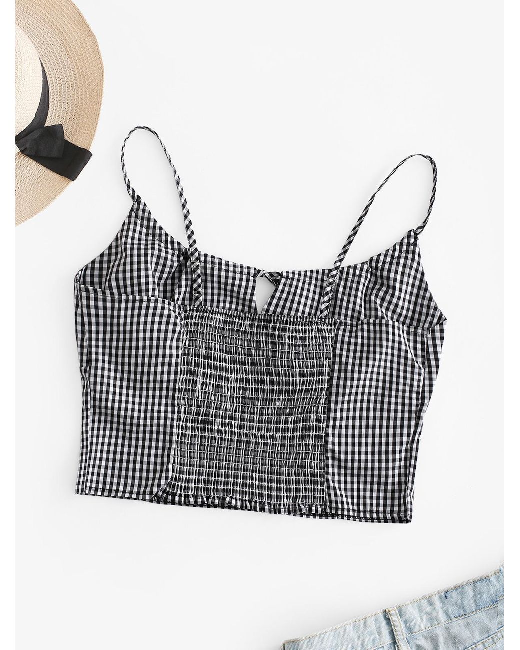 Zaful Tank Tops Gingham Smocked Back Tie Collar Cami Top | Lyst
