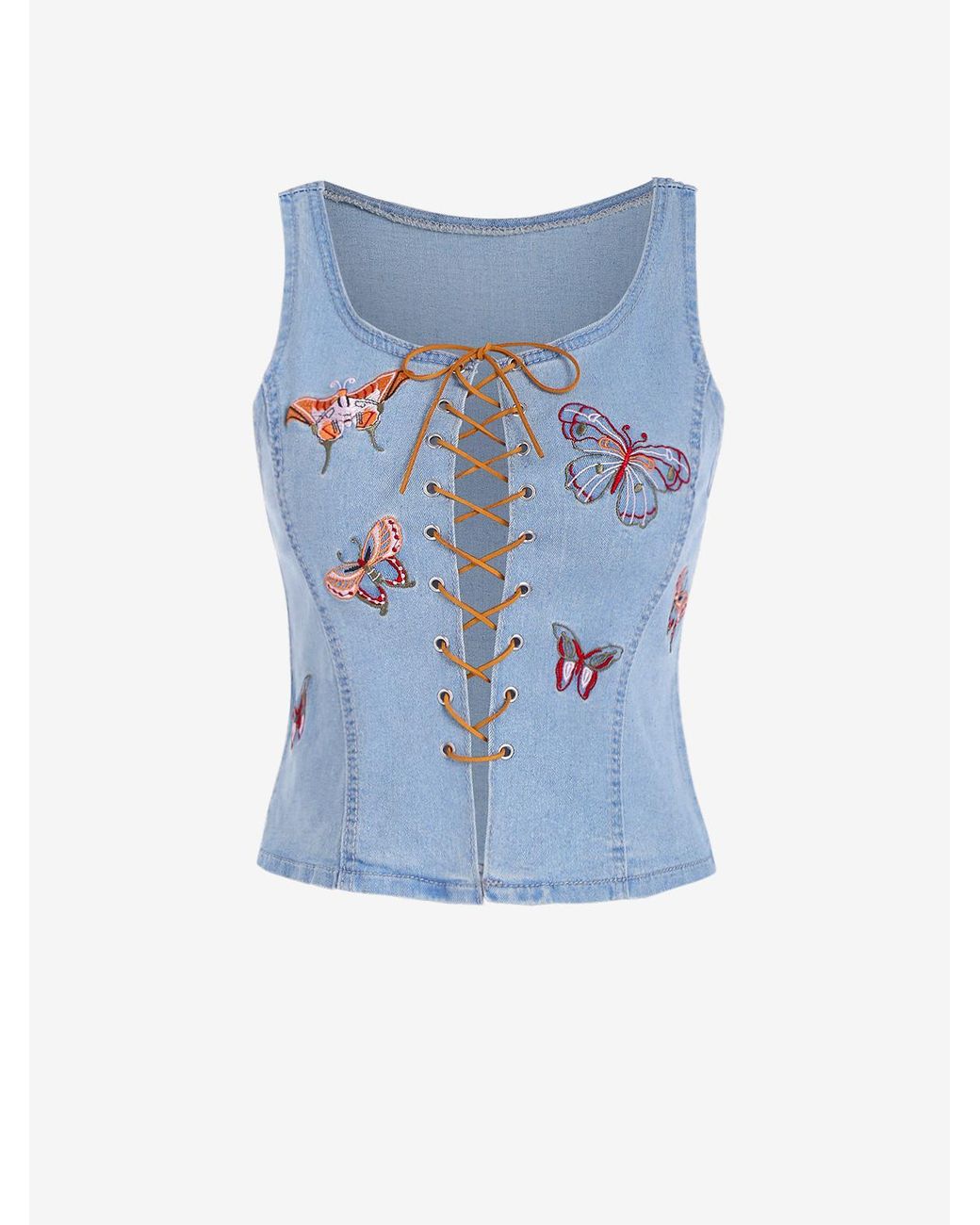 Zaful Tank Tops Lace Up Butterfly Embroidered Denim Tank Top in Blue | Lyst  UK