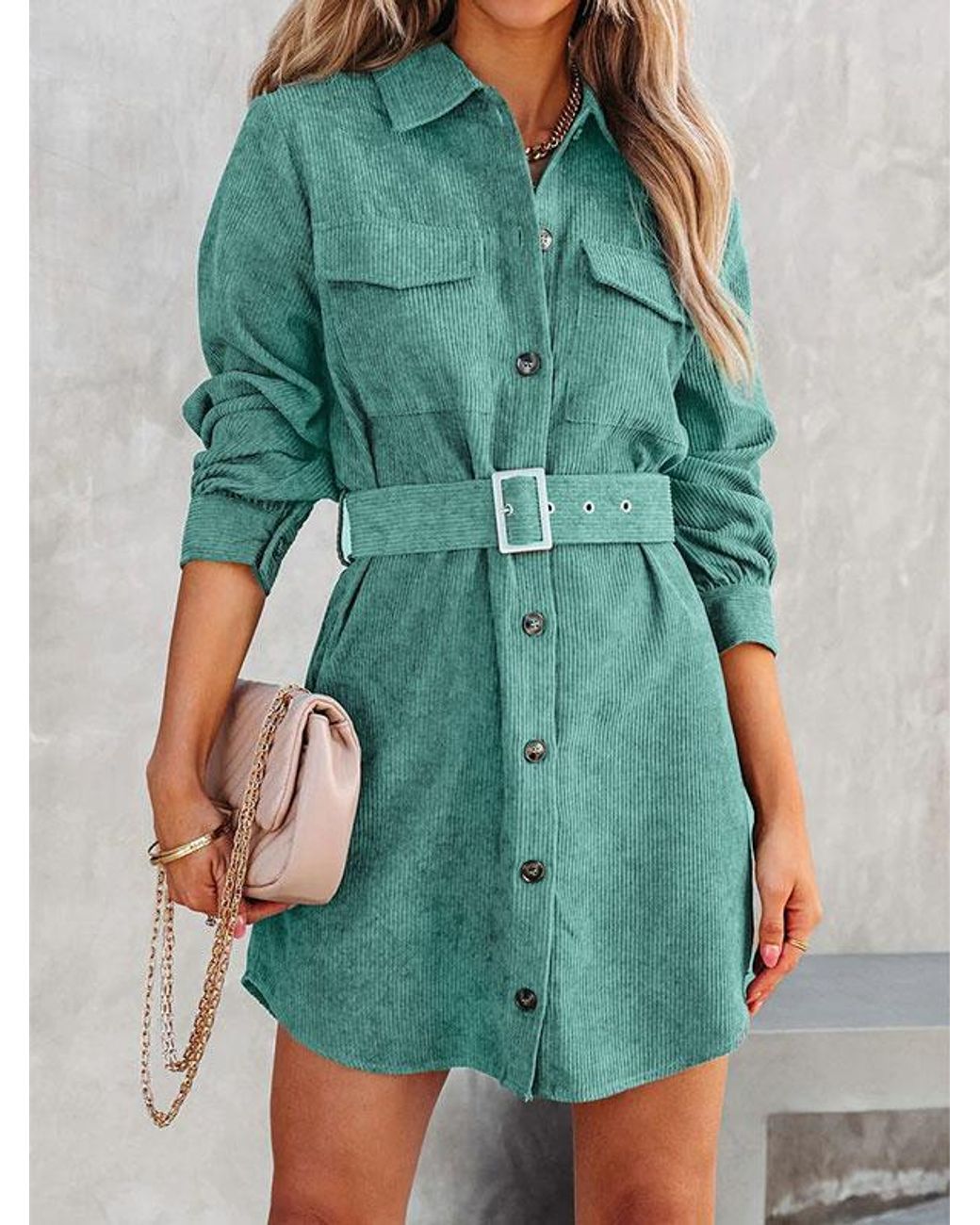 Zaful Mini Dress Corduroy Pocket Belted Mini Shirt Dress in Green | Lyst