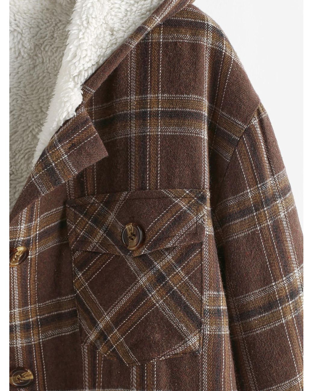 Zaful Jackets Fuzzy Flannel Plaid Fluffy Faux Shearling Lined Hooded Coat  in Deep Coffee (Brown) | Lyst