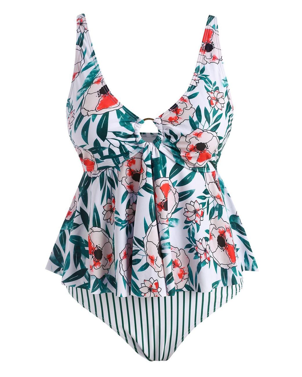 Zaful Bikini Plus Size Flower Striped O Ring Peplum Tankini Swimwear Xl in  Green | Lyst