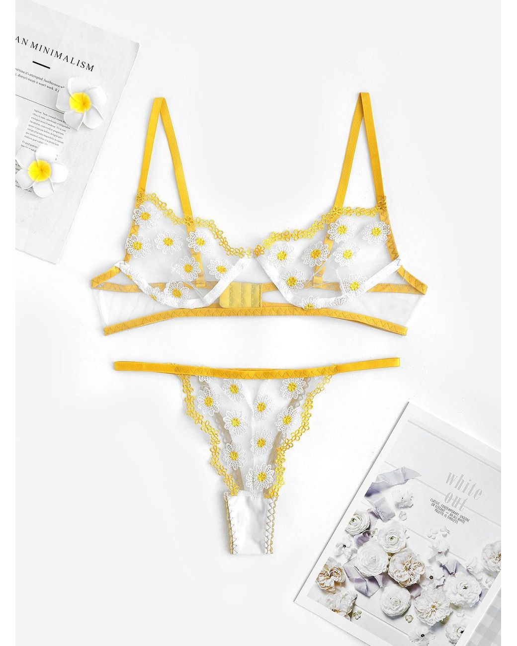 Zaful Lingerie Scalloped Edge Floral Embroidered Mesh Lingerie Set in  Yellow | Lyst UK