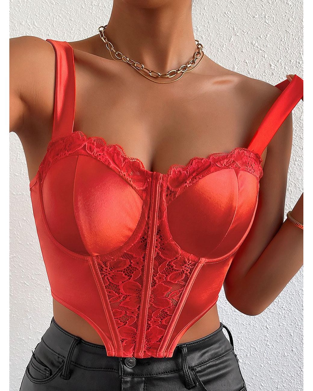 Zaful Flower Lace Insert Boned Detail Underwire Satin Corset-style Top in  Red | Lyst UK