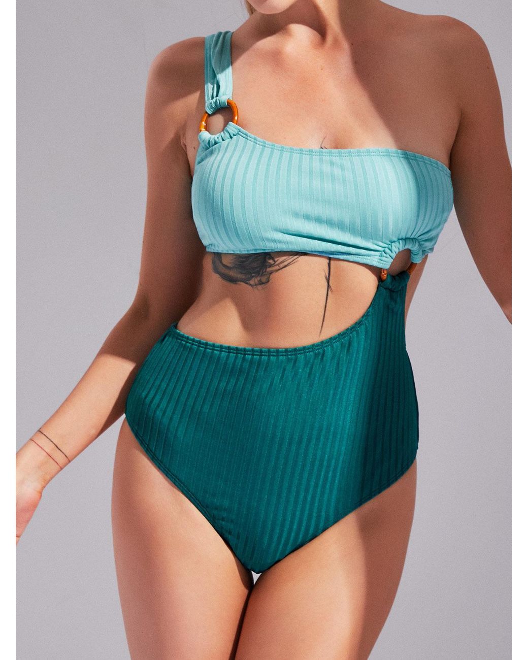 ZAFUL Womens One Shoulder Cut Out Ribbed Bandeau Bikini Set Two Piece Swimsuit 