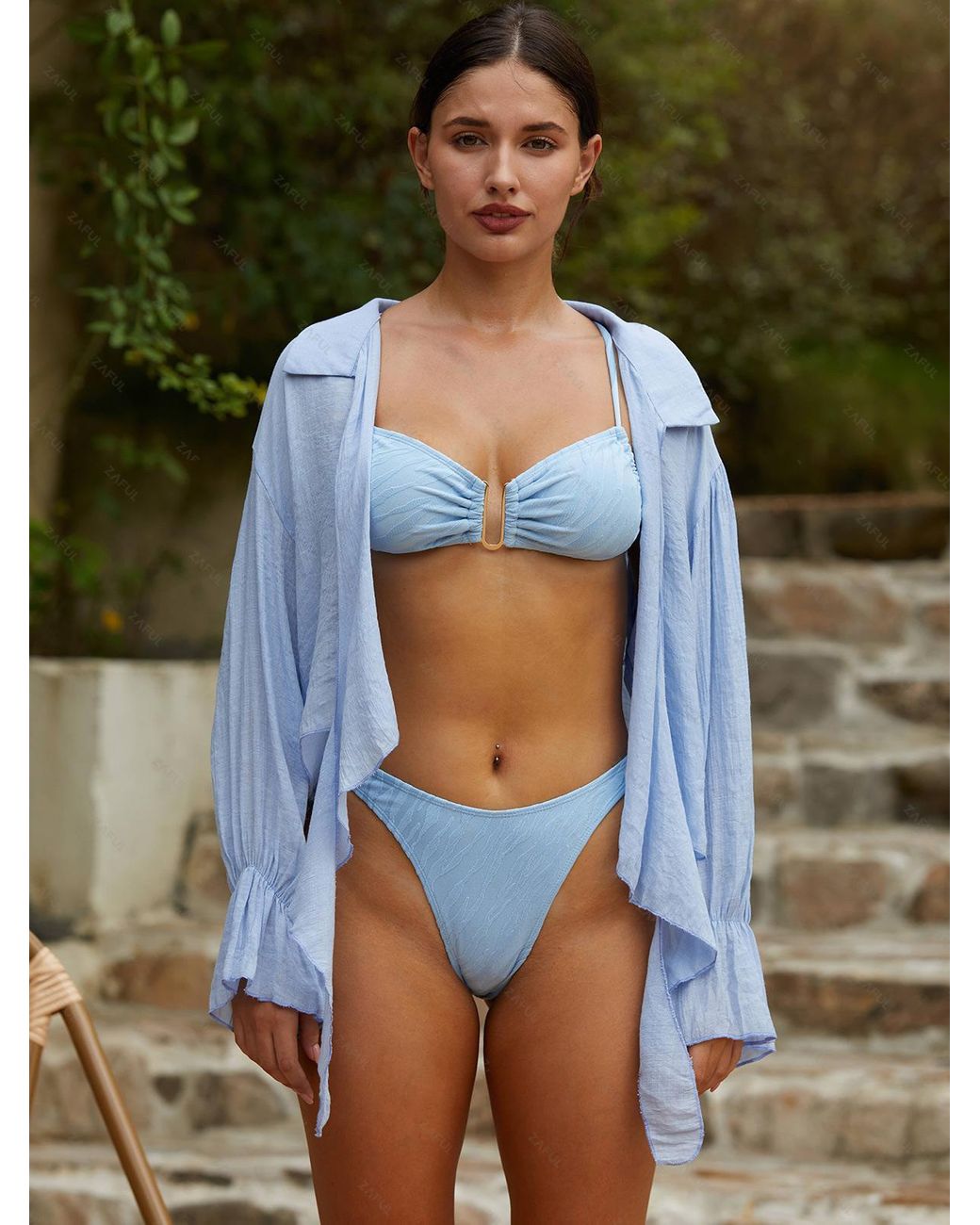 Zaful Sexy Beach Vacation Semi Sheer Tie Hem Turn Down Collar Long Poet  Sleeve Swim Cover Up Top in Blue | Lyst
